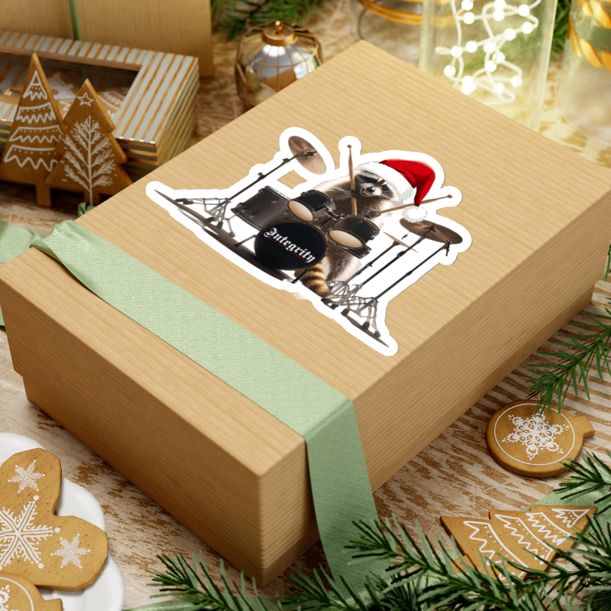 Christmas Raccoon Drummer Kiss-Cut Stickers - Holiday Décor & Gifts