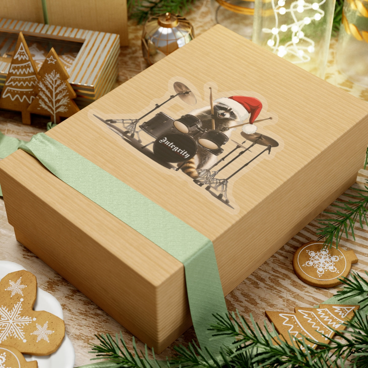 Christmas Raccoon Drummer Kiss-Cut Stickers - Holiday Décor & Gifts