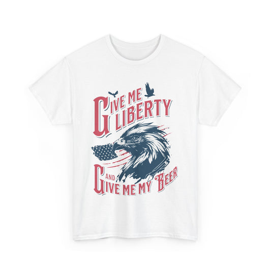 Patriotic Eagle T-Shirt - "Give Me Liberty, Give Me My Beer" - Unisex Heavy Cotton Tee - Express Delivery available