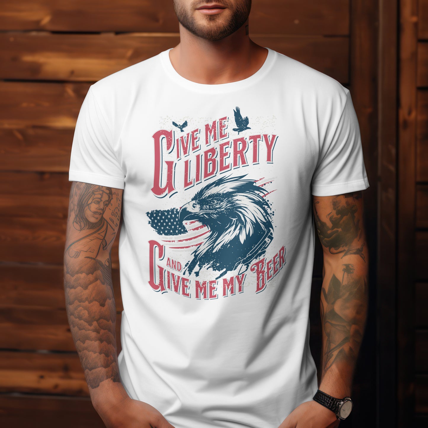 Patriotic Eagle T-Shirt - "Give Me Liberty, Give Me My Beer" - Unisex Heavy Cotton Tee - Express Delivery available
