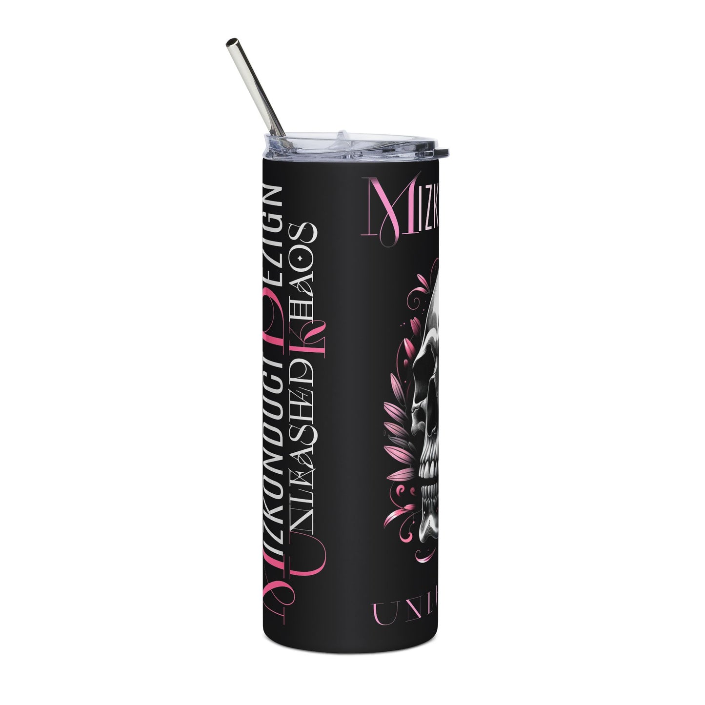20oz Stainless Steel Tumbler — Black Skull & Pink Lily Insulated Travel Cup