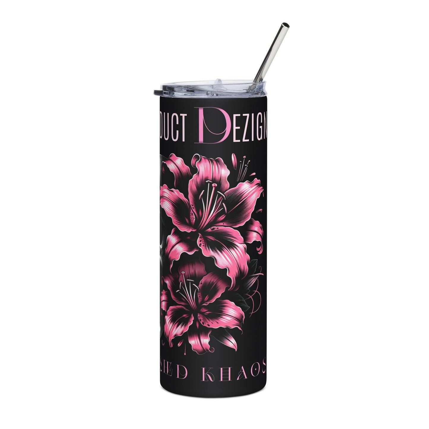 20oz Stainless Steel Tumbler — Black Skull & Pink Lily Insulated Travel Cup