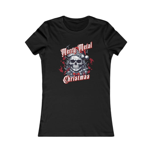 Merry Metal Christmas Tee for Women - Holiday Skull Graphic T-Shirt